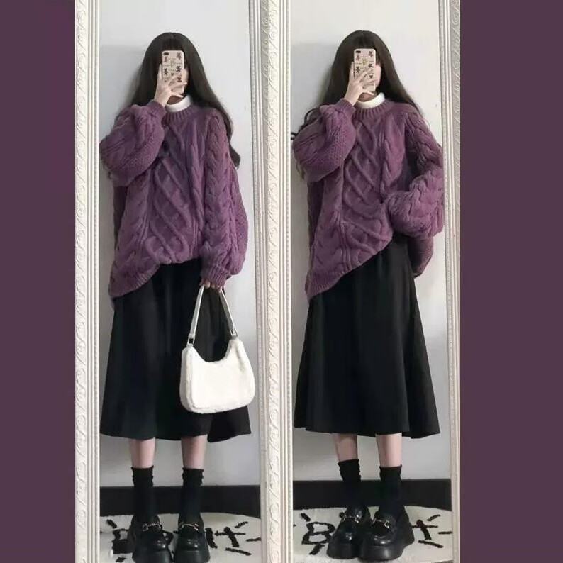 暖暖同学紫色毛衣半身裙两件套装秋季轻熟风盐系港味气质网红减龄活泼