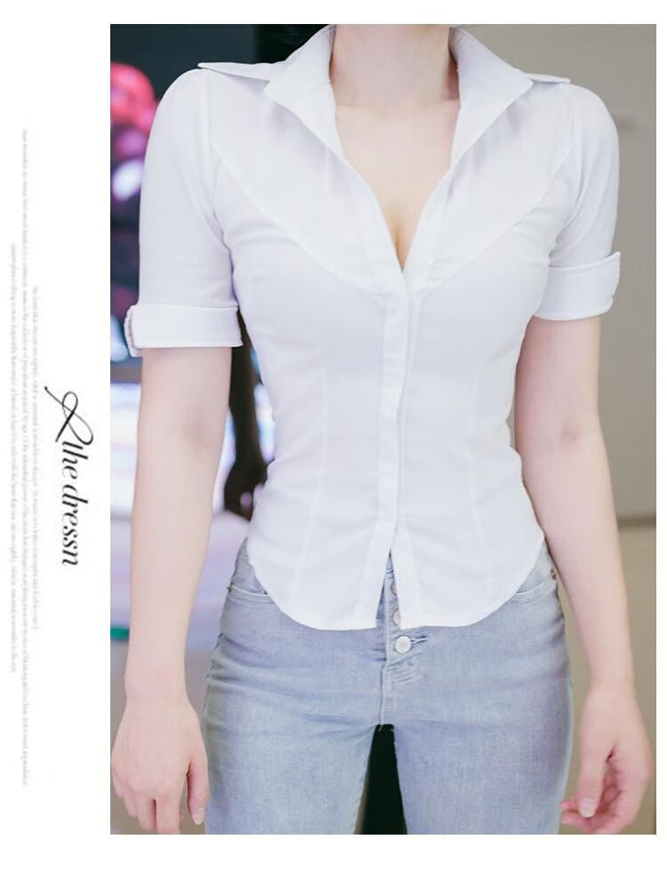 风与蓝天与蓝天2022夏季新款搭女士气白色领制服低胸修身衬衫紧适用