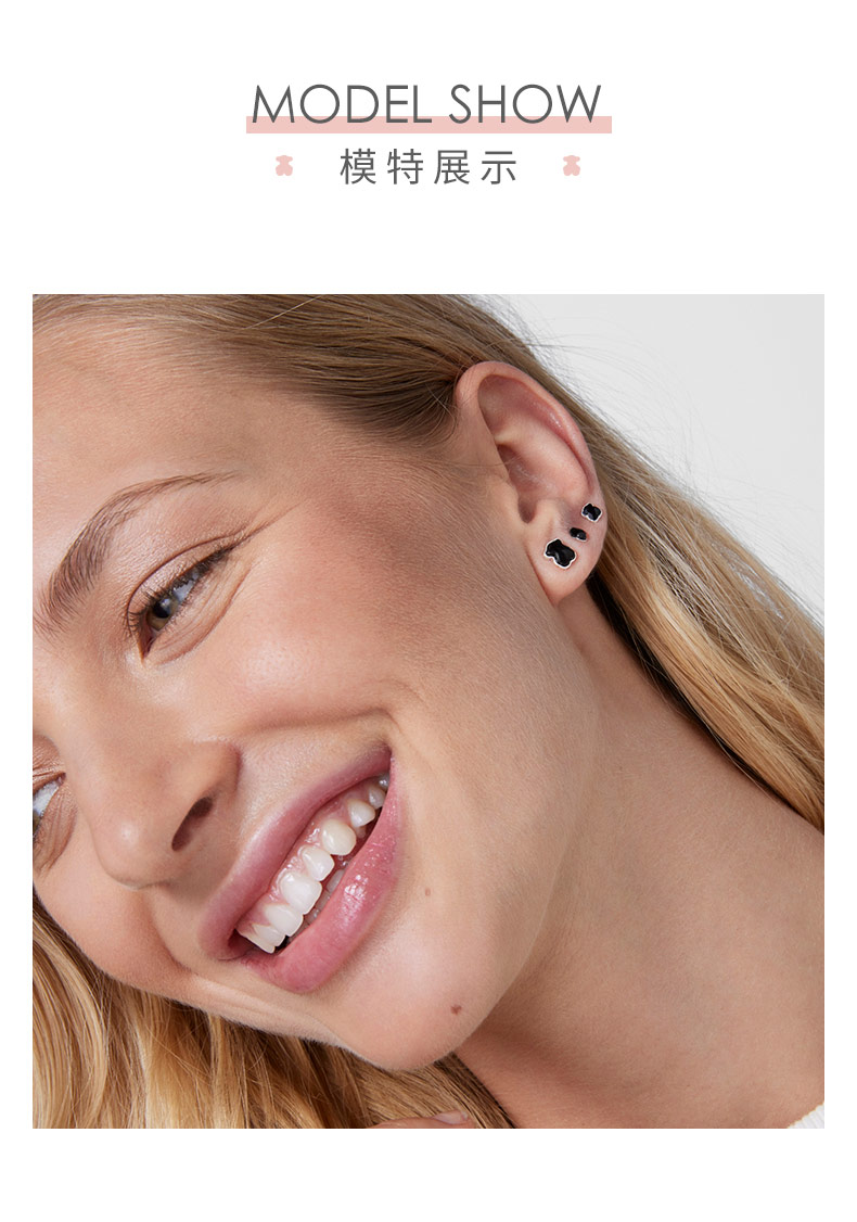 tous桃丝熊925银黑玛瑙小号耳环女经典时尚饰品轻奢礼物送女朋友耳钉