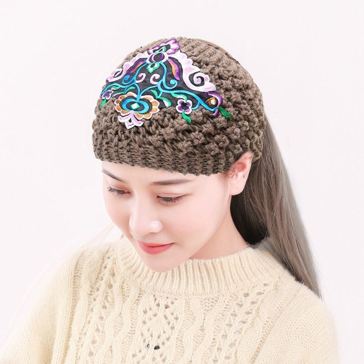 植蔓新品民族风帽子毛线发带遮白发手工帽子女民族风绣花头套中国风