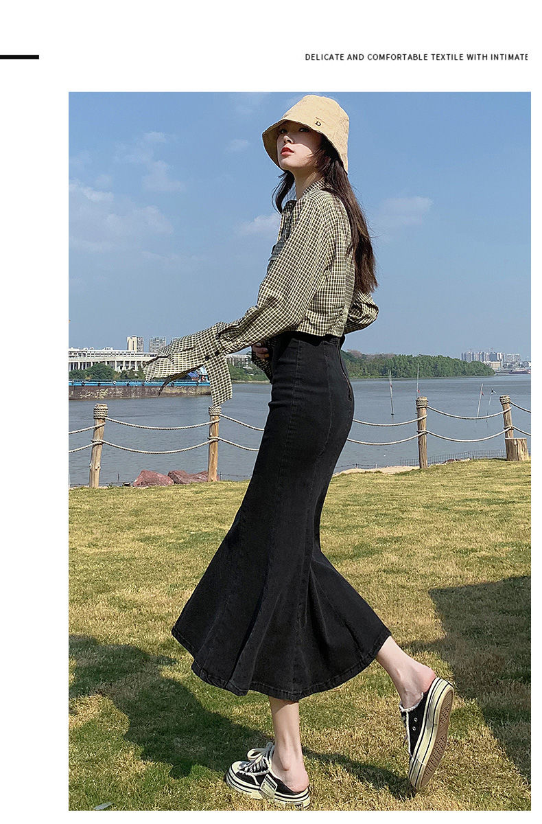 璨玥开叉鱼尾裙牛仔高腰黑色半身裙子女荷叶长款性感御姐气质包臀春秋