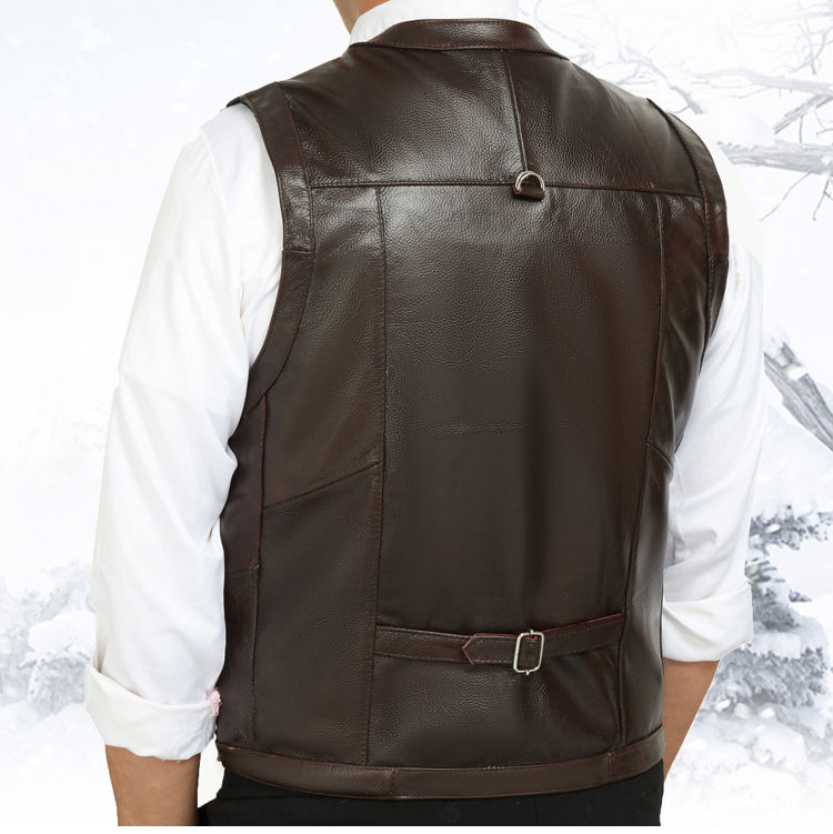 真皮马甲男春秋中老年头层牛皮马甲多兜背心坎肩爸爸装休闲记者服棕色