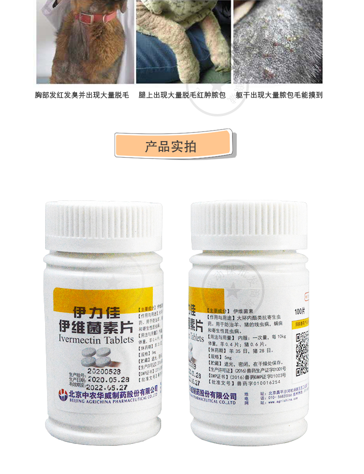 伊维菌素片狗螨虫皮肤病体内外驱虫去跳蚤杀螨杀蜱1瓶100片