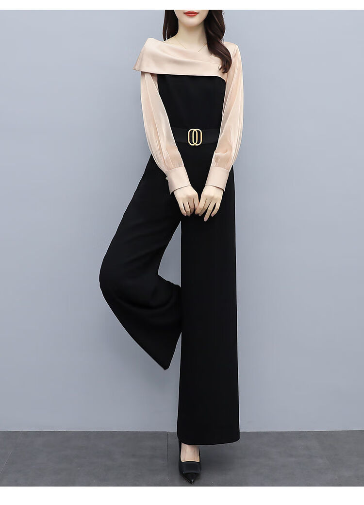 helolis连体裤女春秋2021新款时尚黑色长款连衣裤雪纺高腰直筒阔腿裤