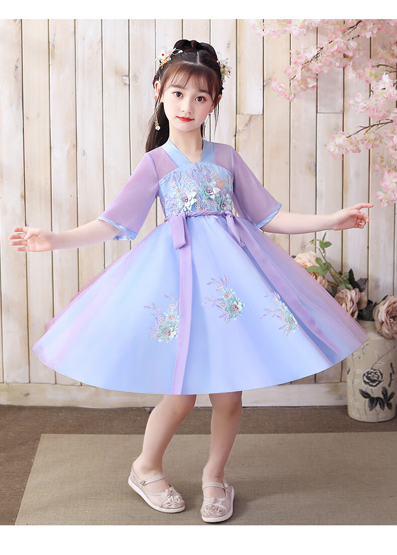 夏装儿童超仙古装古风唐装仙女裙薄款短裙夏st03x蓝色流苏发夹110cm