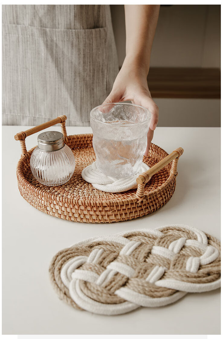 日式复古手工编织麻绳杯垫棉绳隔热垫棉麻防烫餐垫子美食摆拍道具