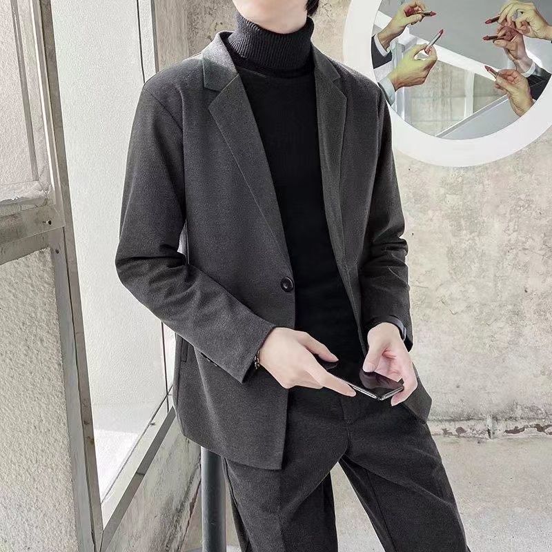 男士西服冬季新款轻熟穿搭气质休闲西装外套男秋冬韩版黑色帅气毛呢