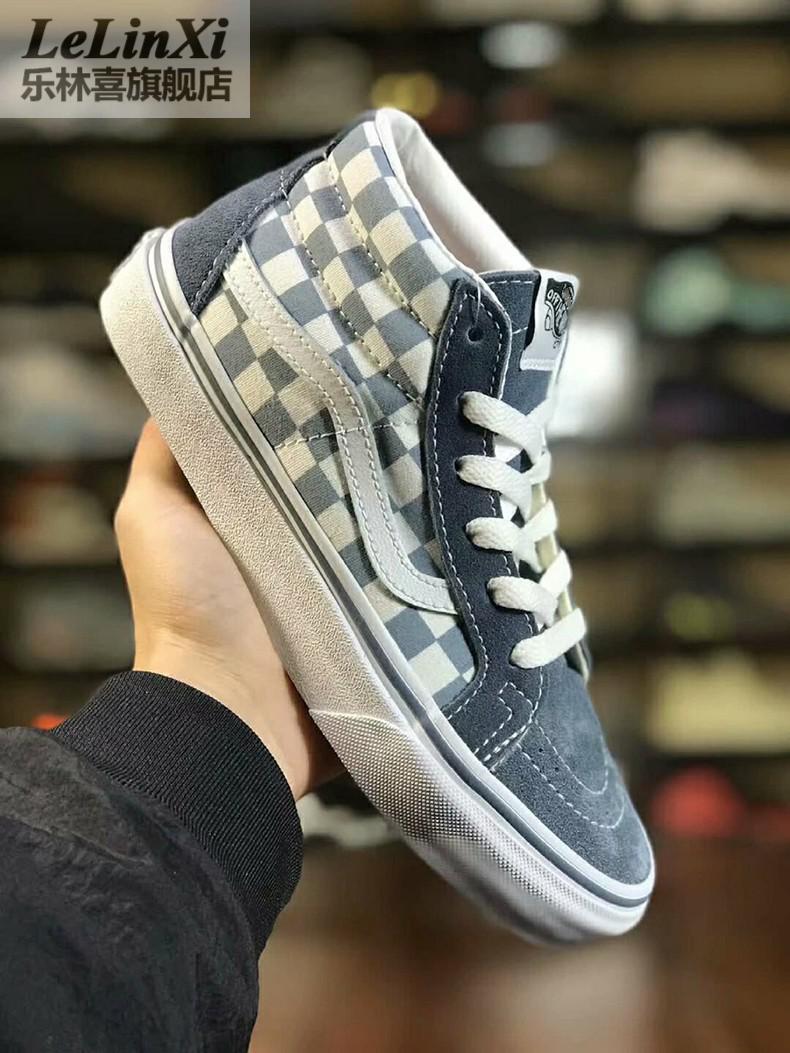 vans万斯sk8mid蓝白棋盘格中帮高帮帆布鞋情侣款雾霾蓝板鞋sk8mid蓝