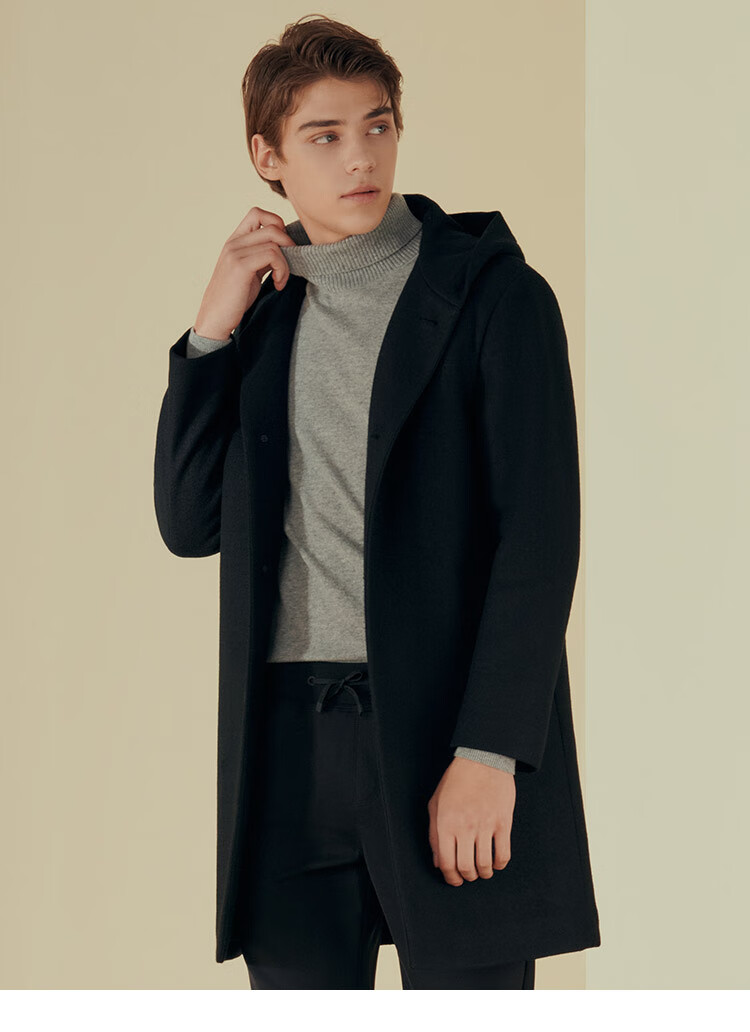 jodoll乔顿冬季新款男装羊毛大衣男中长款连帽黑色休闲呢子外套潮黑色