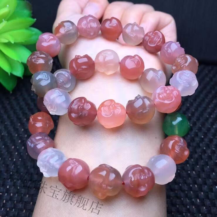 黎娅 盐源玛瑙手串手链糖果色七彩雕刻开口笑佛头单圈水晶男女【图片