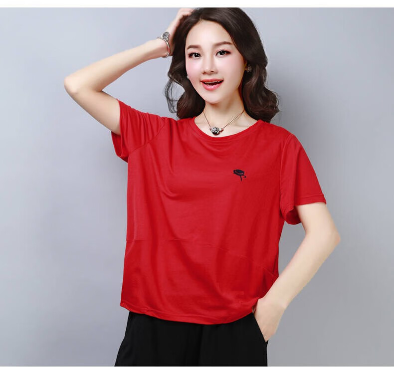 妈妈短袖t恤女季宽松大码女装女新款中年女士装打底衫上衣艾优红色2xl