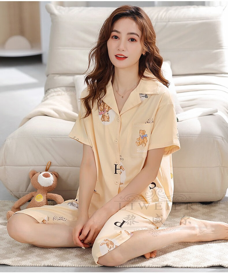 黎威尔品牌睡衣女夏季纯氨纶聚氨酯弹性纤维短袖薄款夏天甜美可爱女式