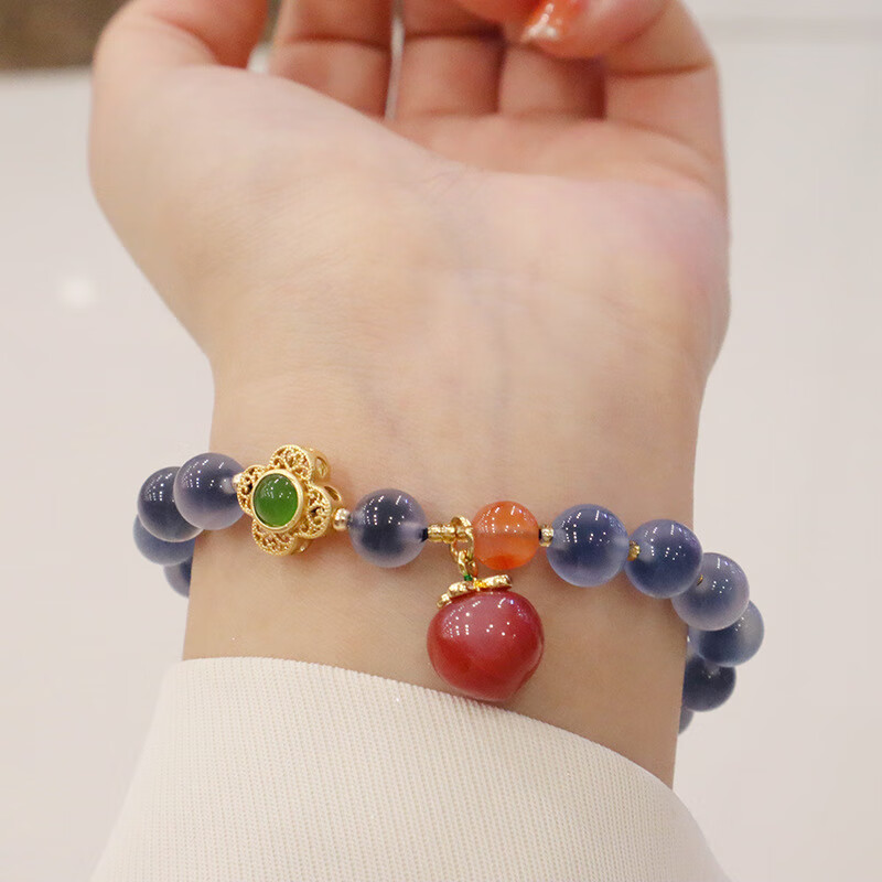 元捷 糖心玛瑙手链蓝色玛瑙手串盐源玛瑙桃子吊坠手饰品 双圈蓝色糖心