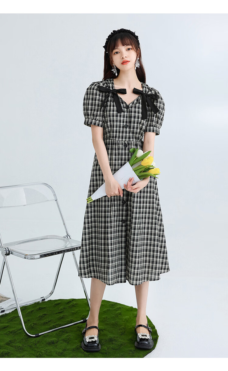 朵以2022夏季新款甜美格纹蝴蝶结连衣裙v领泡泡袖学院风收腰裙子37vx