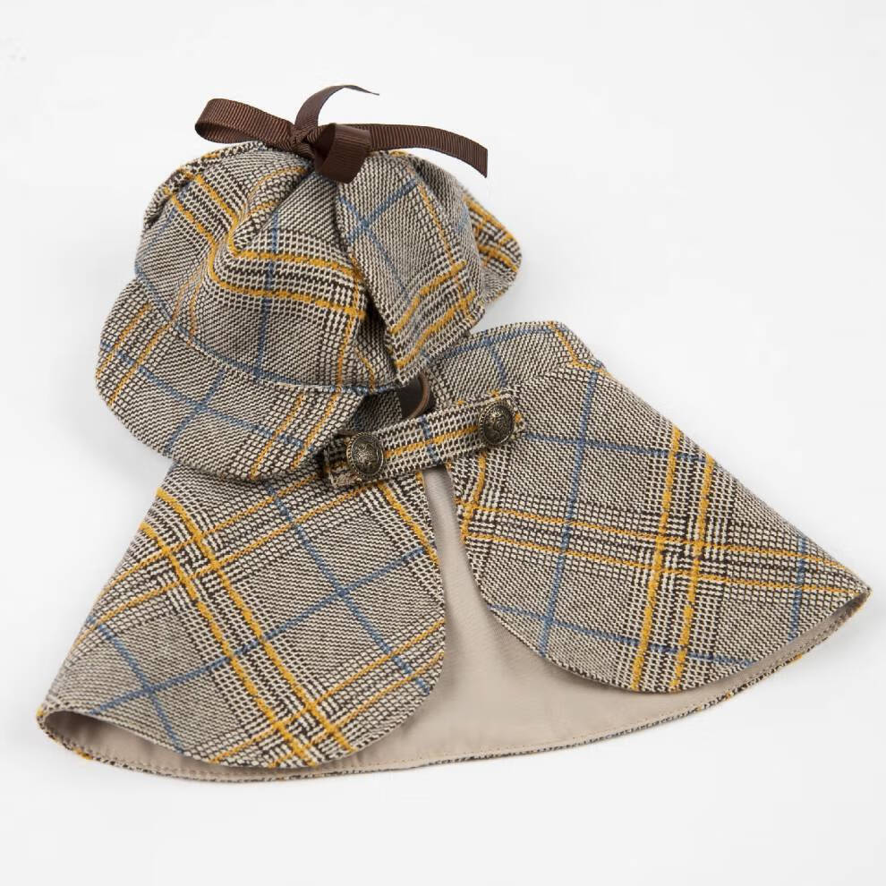 夏季无袖衣服侦探帽子斗篷套装宠物猫咪狗狗卖萌装泰迪侦探斗篷驼色s