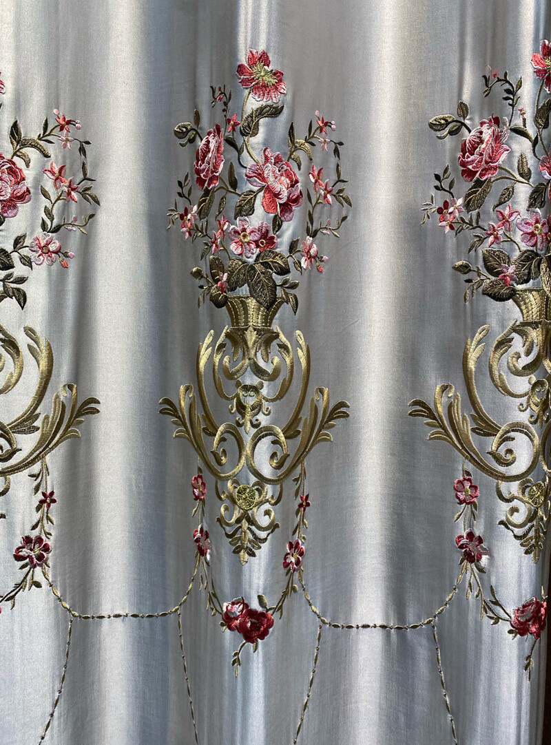 窗帘布绣花柯桥轻纺城仿真丝别墅窗帘成品真丝绣花窗纱整匹50米以上