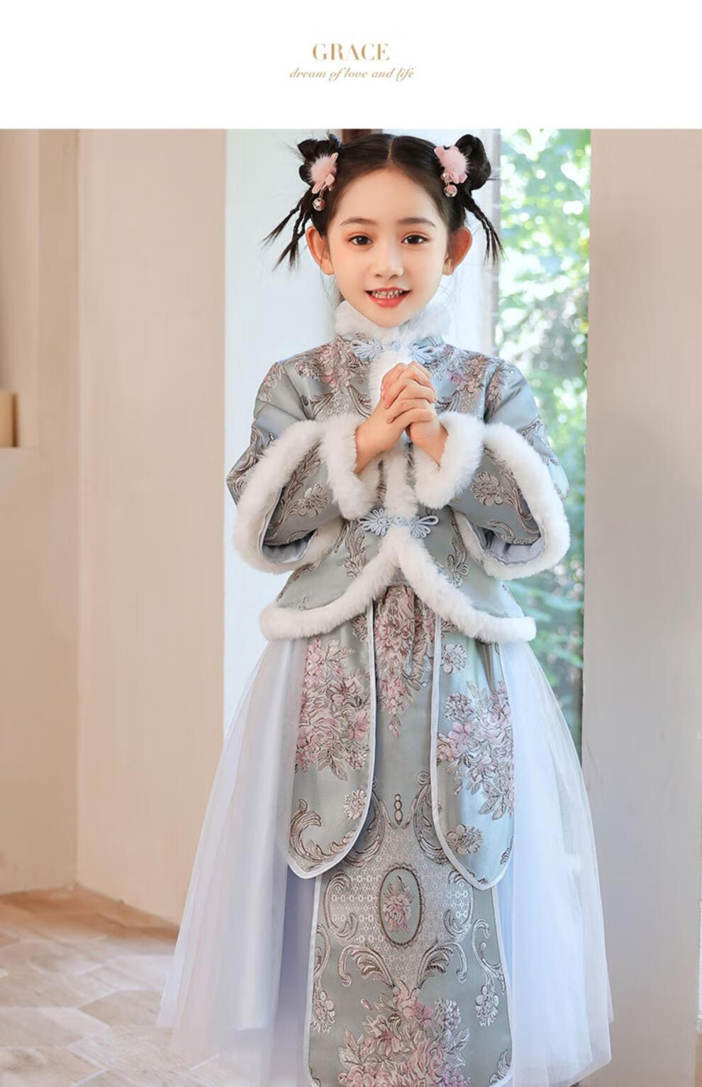 迪士尼disney品牌漢服女童冬裝中國風兒童拜年服古裝加絨加厚小女孩