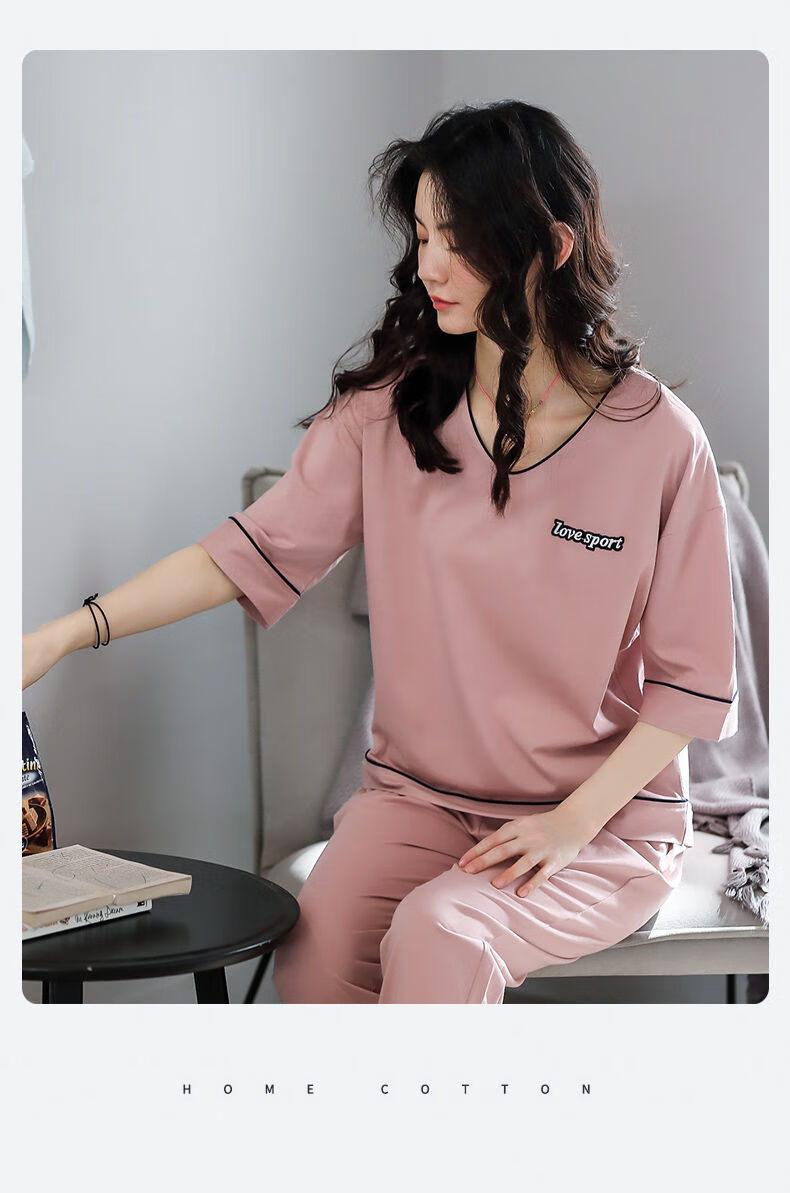 睡衣女95绵夏季40岁女士家居服套装夏大码春秋款夏天全棉外穿宝蓝色中