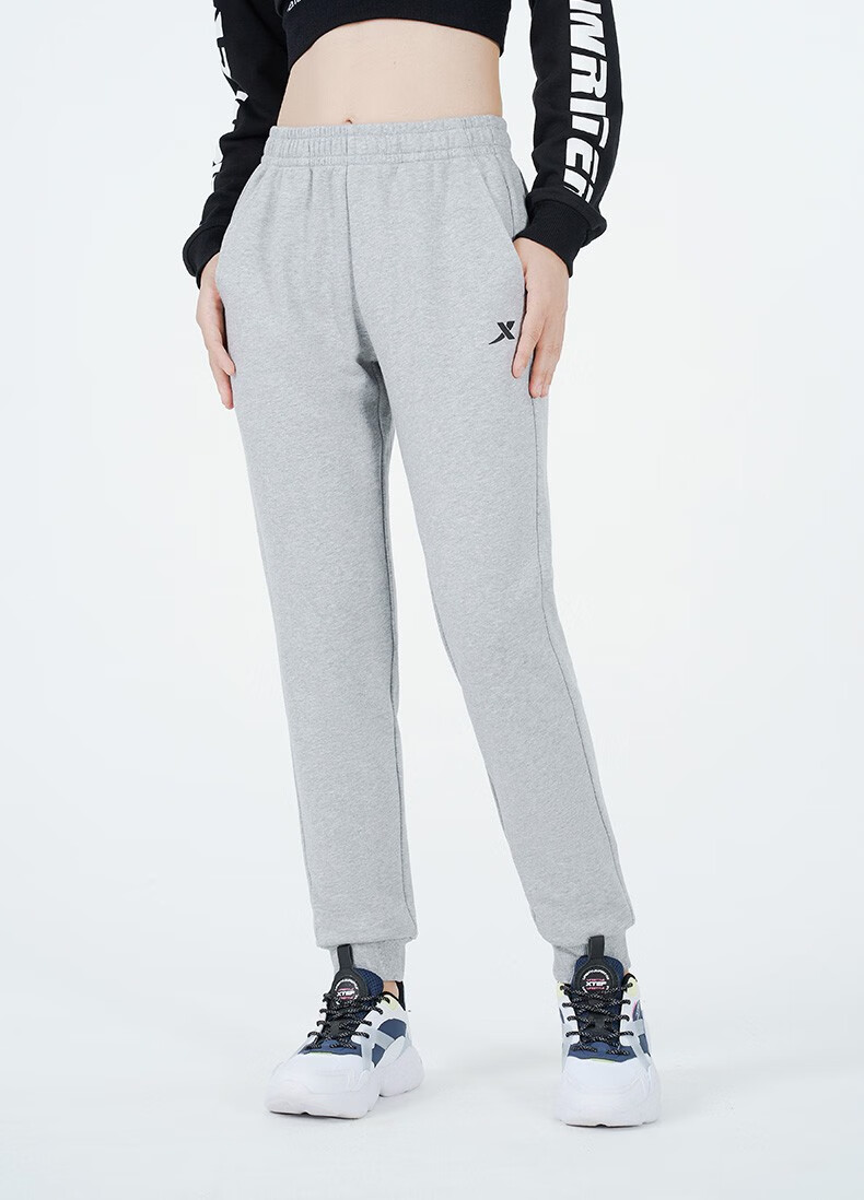 特步运动裤女裤卫裤子女2022春季女装休闲裤女束脚裤针织长裤黑m165