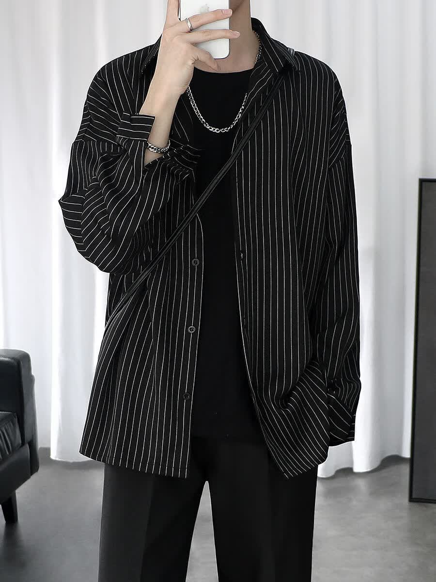 外套男港风日系休闲宽松衣服潮流黑色男士长袖衬衣秋季薄88纯长白色s