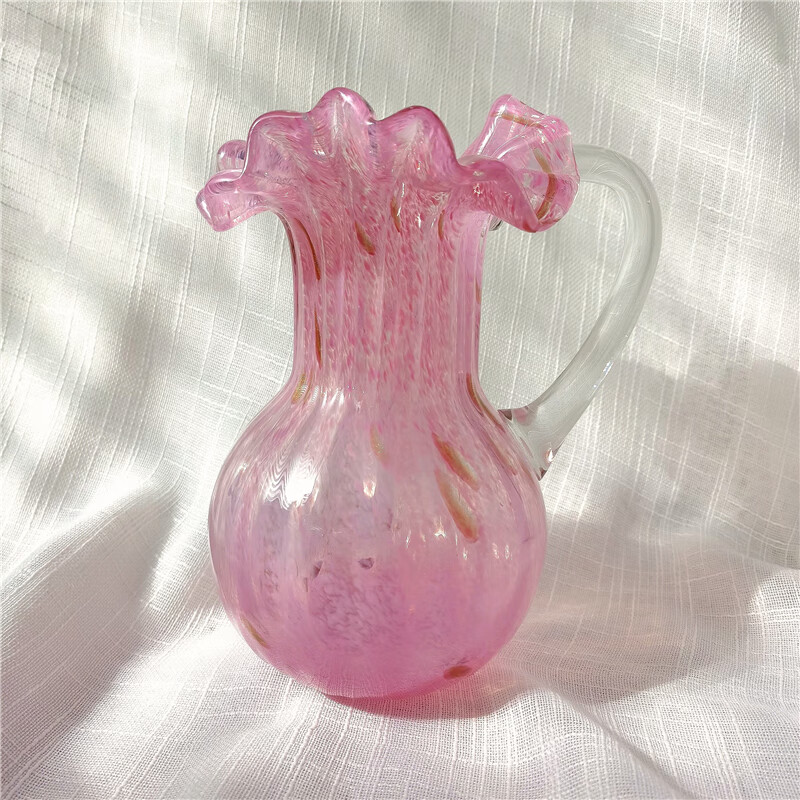 新款中古玻璃花瓶国外定制中古vintage玻璃花瓶粉色把手壶高脚钱袋