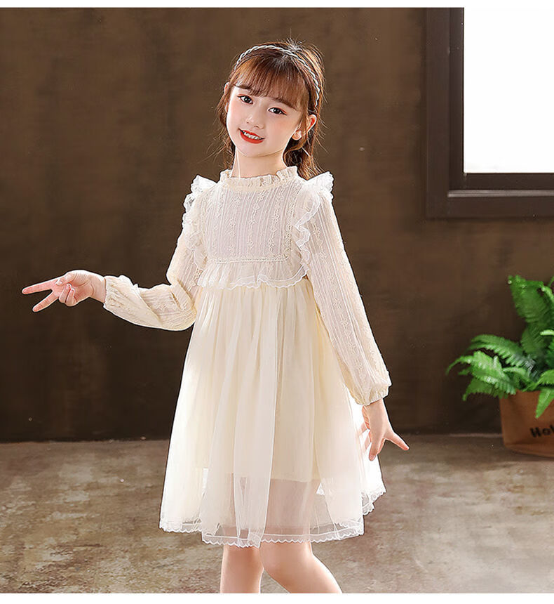 果画3-14岁小女孩穿的长袖白纱裙女童礼服裙花童公主裙蓬蓬纱儿童婚纱