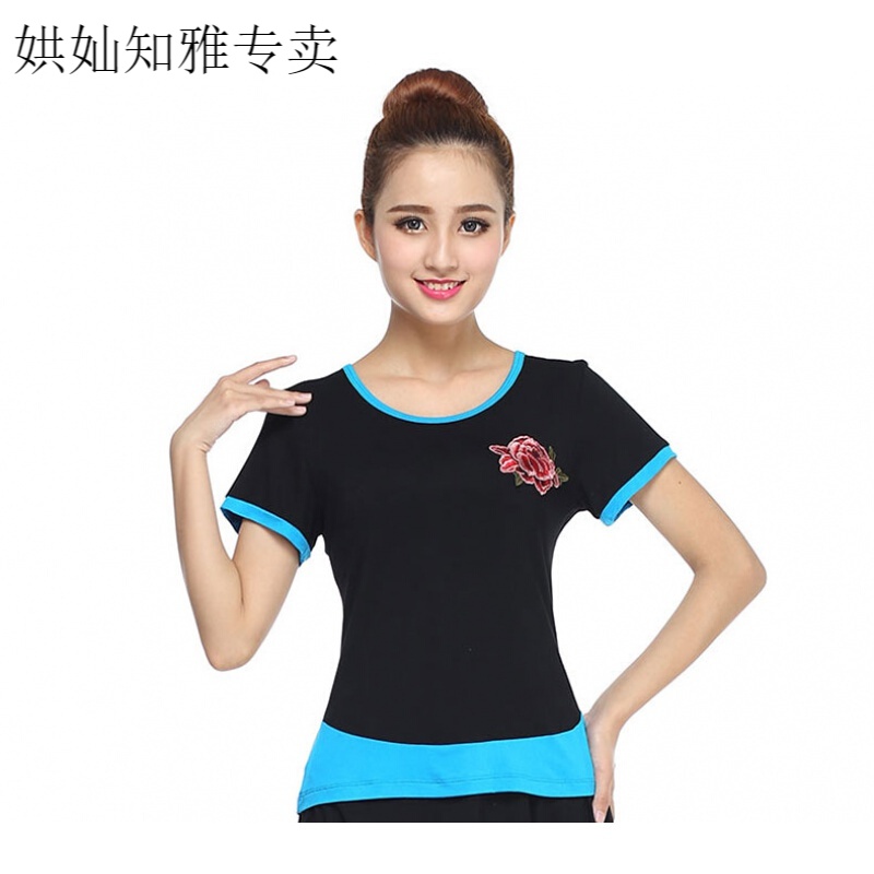 广场舞服装短袖上衣新款女成人夏季交谊舞莫代尔中老年跳舞衣服湖蓝色