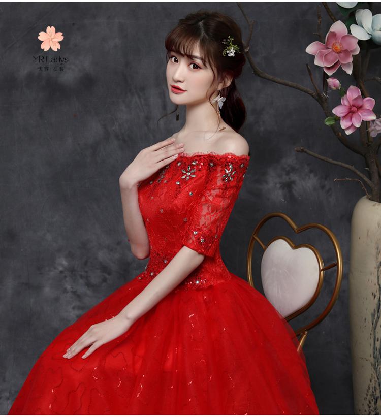 人气新款2022高端蕾丝带中袖一字肩新娘婚纱冬红色礼服纱影楼忧容婚纱