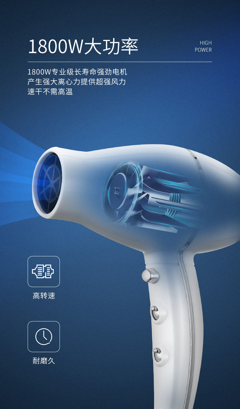 牌吹风机家用大功率发廊蓝光负离子电吹风筒冷热风不伤发静音象牙白