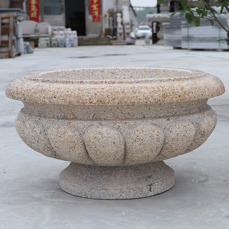 石雕花盆花岗岩黄锈石欧式庭院石花坛圆雕户外黄金麻石头花钵中式