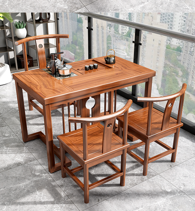 小茶台家用实木新中式功夫小户型茶几胡桃色1米茶桌1太师椅2方凳组装