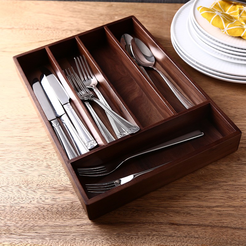 餐具刀叉收纳盒酒店餐厅厨房筷勺分隔实木餐具盒2022刀叉收纳36x26x4