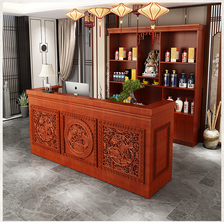 惠霏饭店吧台收银台酒柜组合新中式实木复古火锅店柜台公司前台接待台