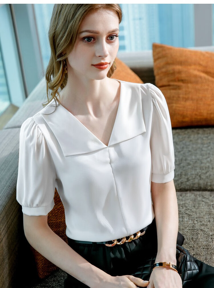 hizze短袖t恤女2022夏季新款女装法式翻领丝滑缎面雪纺小衫洋气泡泡袖