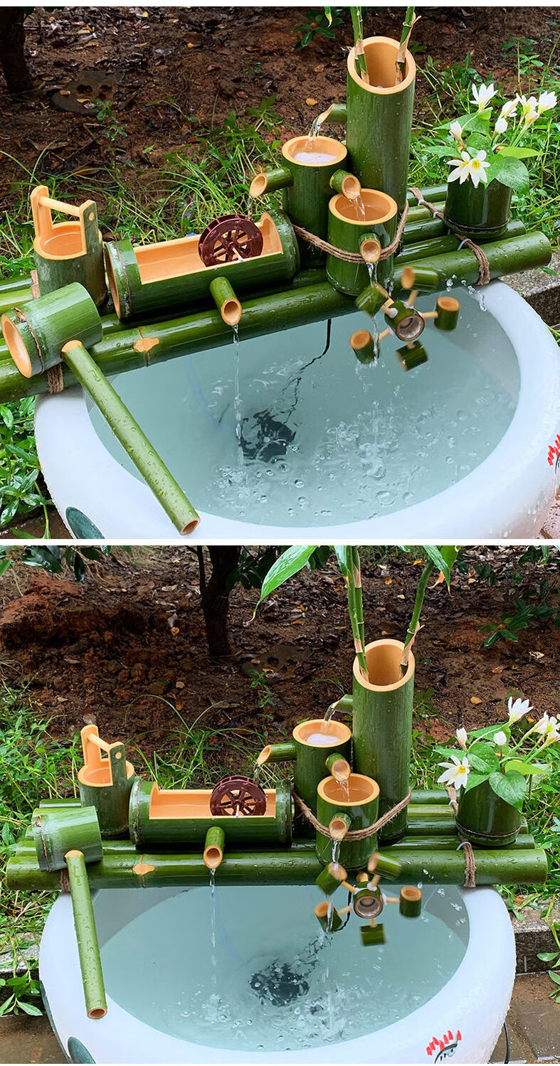 竹子流水器过滤器竹筒摆件陶瓷鱼缸石槽循环喷泉养鱼增氧加湿l步步