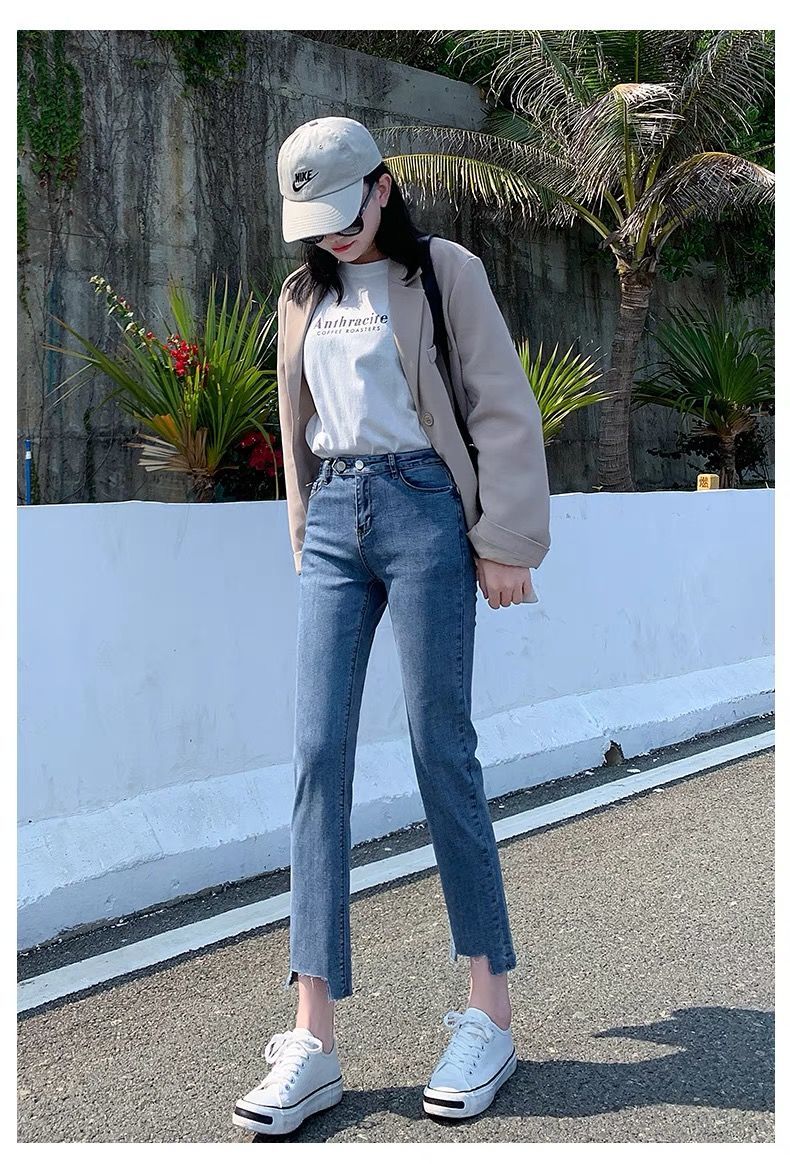 牛仔裤女高腰显瘦夏季宽松薄款八分百搭烟管裤不规则毛边黑色高品质九