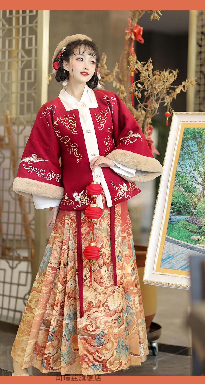 拜年服女成人唐装上衣少女汉服加厚冬款明制中国风红色过年穿古装套装