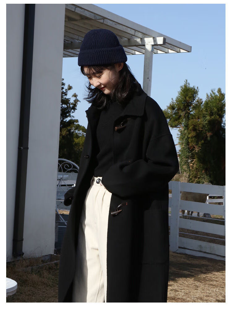 风牛角扣黑色毛呢外套女中长款呢子大衣小个子2021秋冬季新款 咖啡色