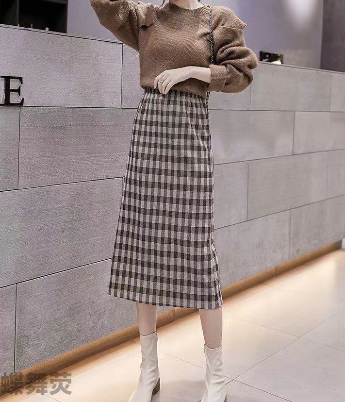蝶舞荧秋冬新款秋冬半身裙女秋冬毛呢格子女中长款半身裙2021新款高腰