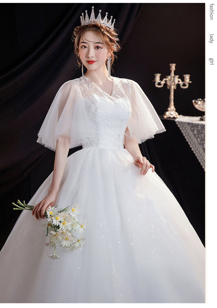 尊尚鸟主婚纱礼服2021春夏韩版娘显瘦蕾丝森系简约齐地v领遮手臂结婚