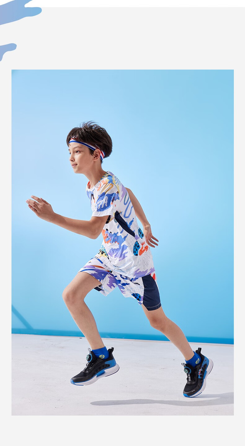 安踏儿童装男大童t恤2022年夏季新款满印水冷科技儿童t恤6-16岁大童