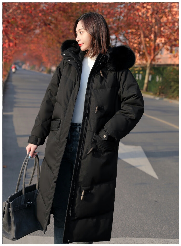 连帽年新款中长款加厚外套冬季女式女士冬天保暖防寒服米白环保毛领m