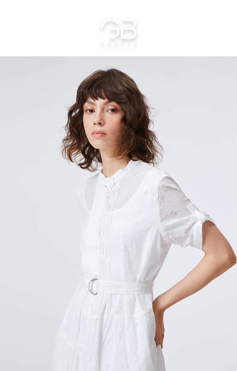 goobgsgb谷邦月牙白收腰衬衫裙子短袖纯棉连衣裙女月牙白s155