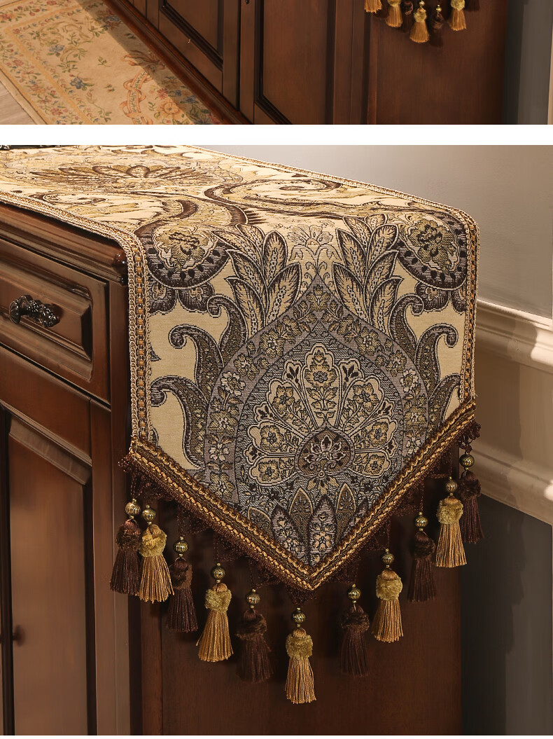 桌旗美式轻奢餐桌布艺茶几长条装饰电视柜台布欧式巴洛克咖色35220cm