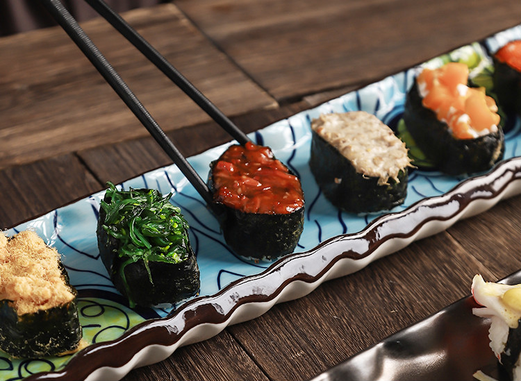 波浪寿司盘长条盘刺身盘三文鱼长方盘超长盘子26寸长条寿司盘水波蓝