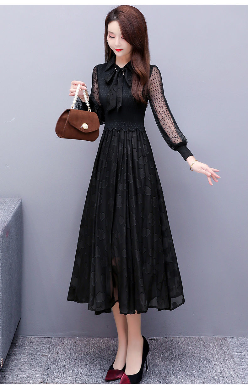 新款连衣裙女春秋长袖显瘦法式轻熟赫本风气质收腰长裙商场同款黑色m