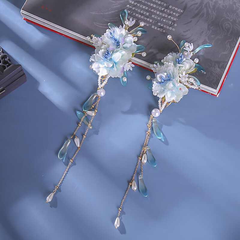 古风发饰绢花头饰蓝色套装古典花朵流苏发夹簪子古典旗袍配饰汉服