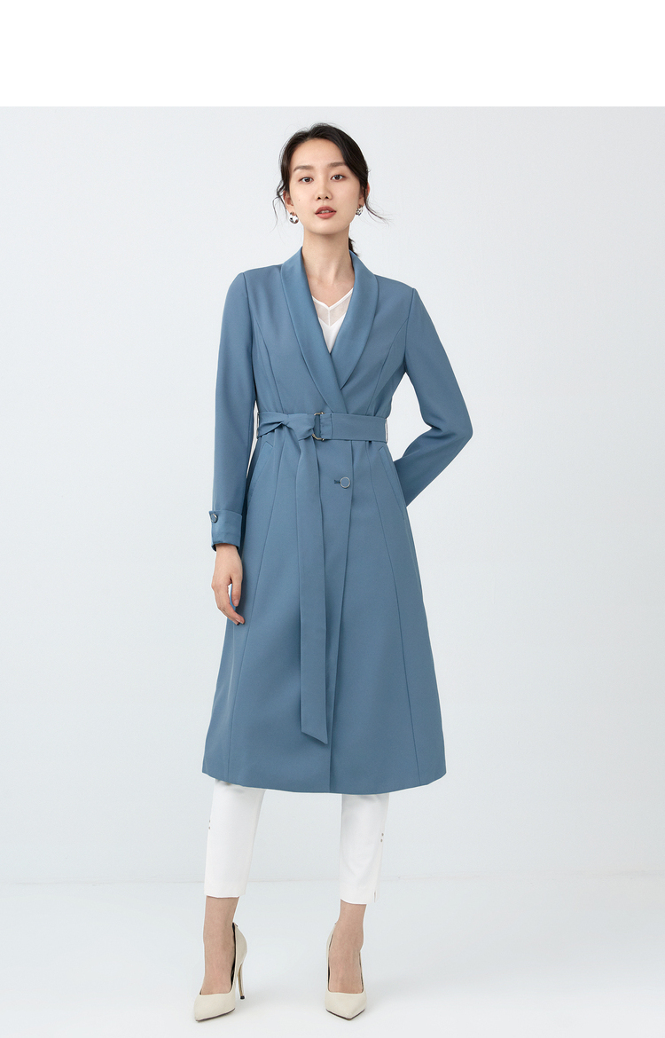 naersi娜尔思青果领质感雾霾蓝风衣女2022春季新款长款百搭外套灰群青