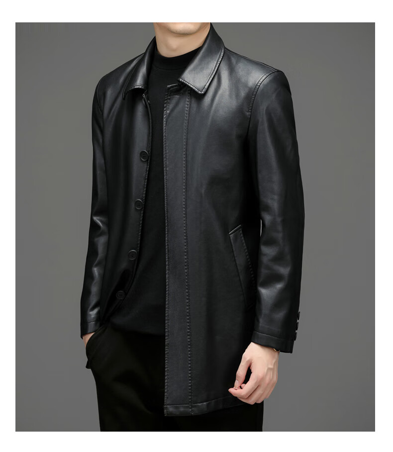 袋鼠daishu皮衣男中长款翻领中年帅气皮夹克风衣外套潮黑色170m