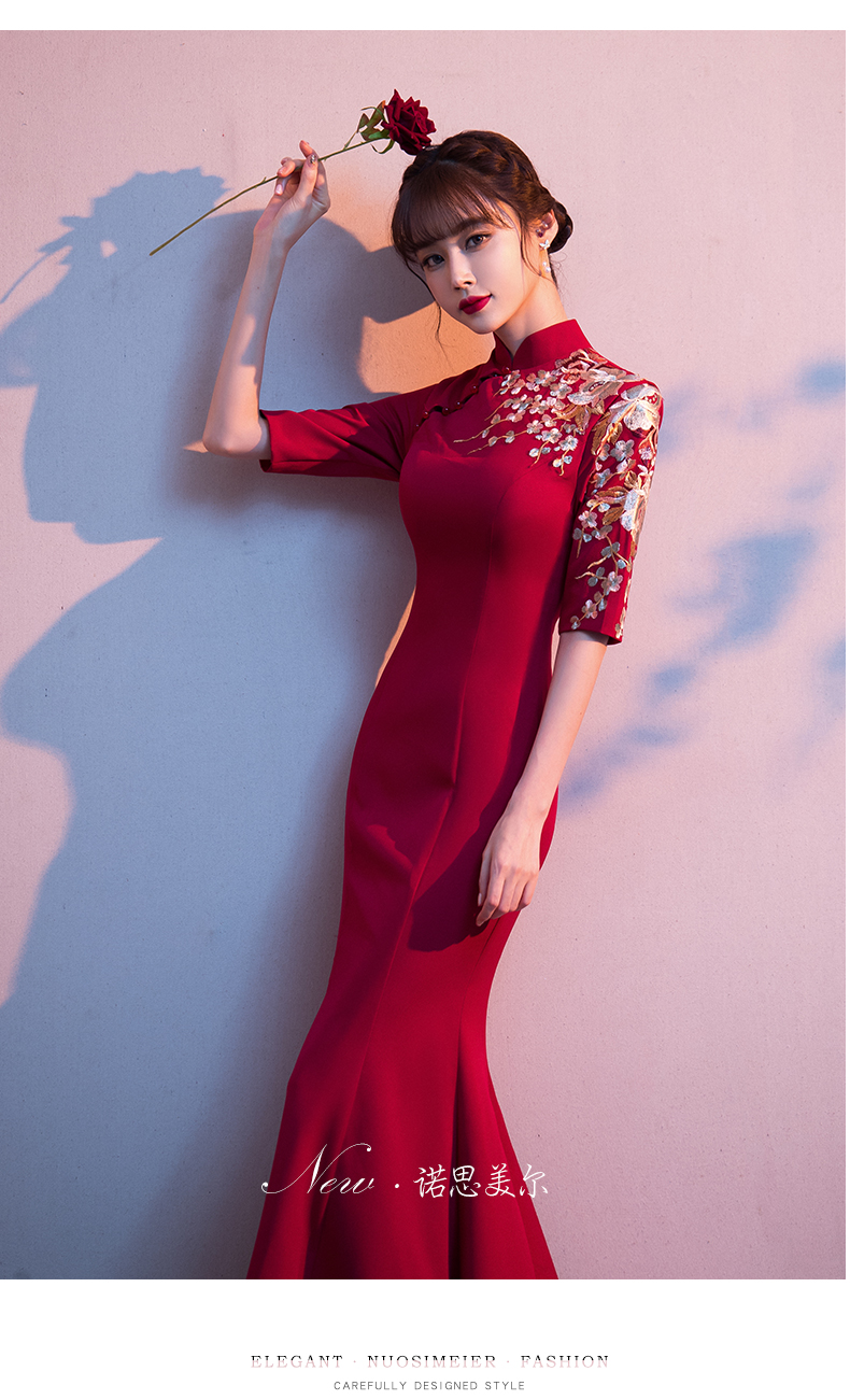 皮尔卡丹轻奢高档女装敬酒服新娘旗袍2021新款春中袖鱼尾修身结婚礼服